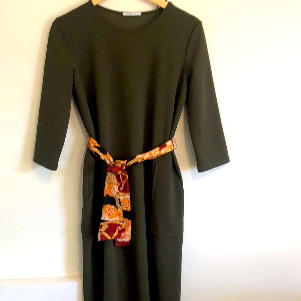 Zara Olive green dress with tie - Picture 1 of 8